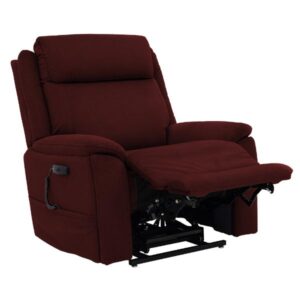 The Sitting Pretty Evolution LC-435 Lift Chair is a deep red recliner with an extended footrest, plush cushioning, a handy side pocket, and a remote control for comfort and convenience.