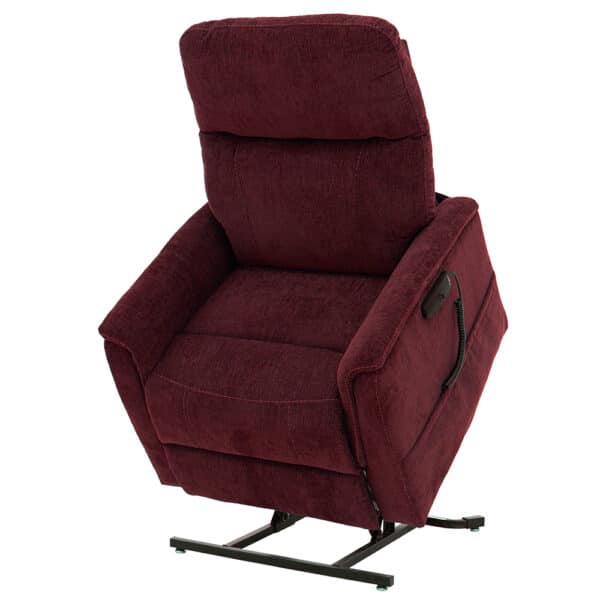 The Sitting Pretty Genesis LC-150 Lift Chair in burgundy features a raised reclining position, armrests, and a corded remote. Upholstered in soft, textured fabric, it blends style with comfort effortlessly.