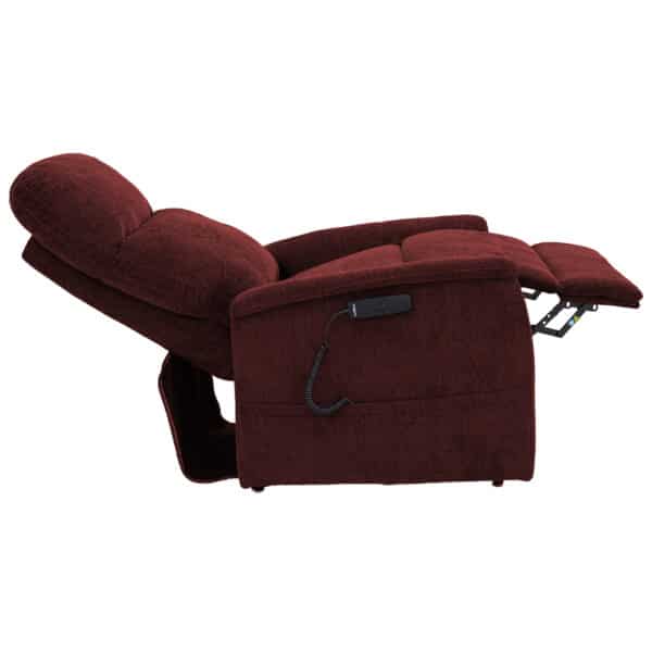 The Sitting Pretty Genesis LC-150 Lift Chair is a maroon recliner with an extended footrest and side-attached remote. Enjoy plush comfort with its cushioned backrest and armrests in a fully reclined position.